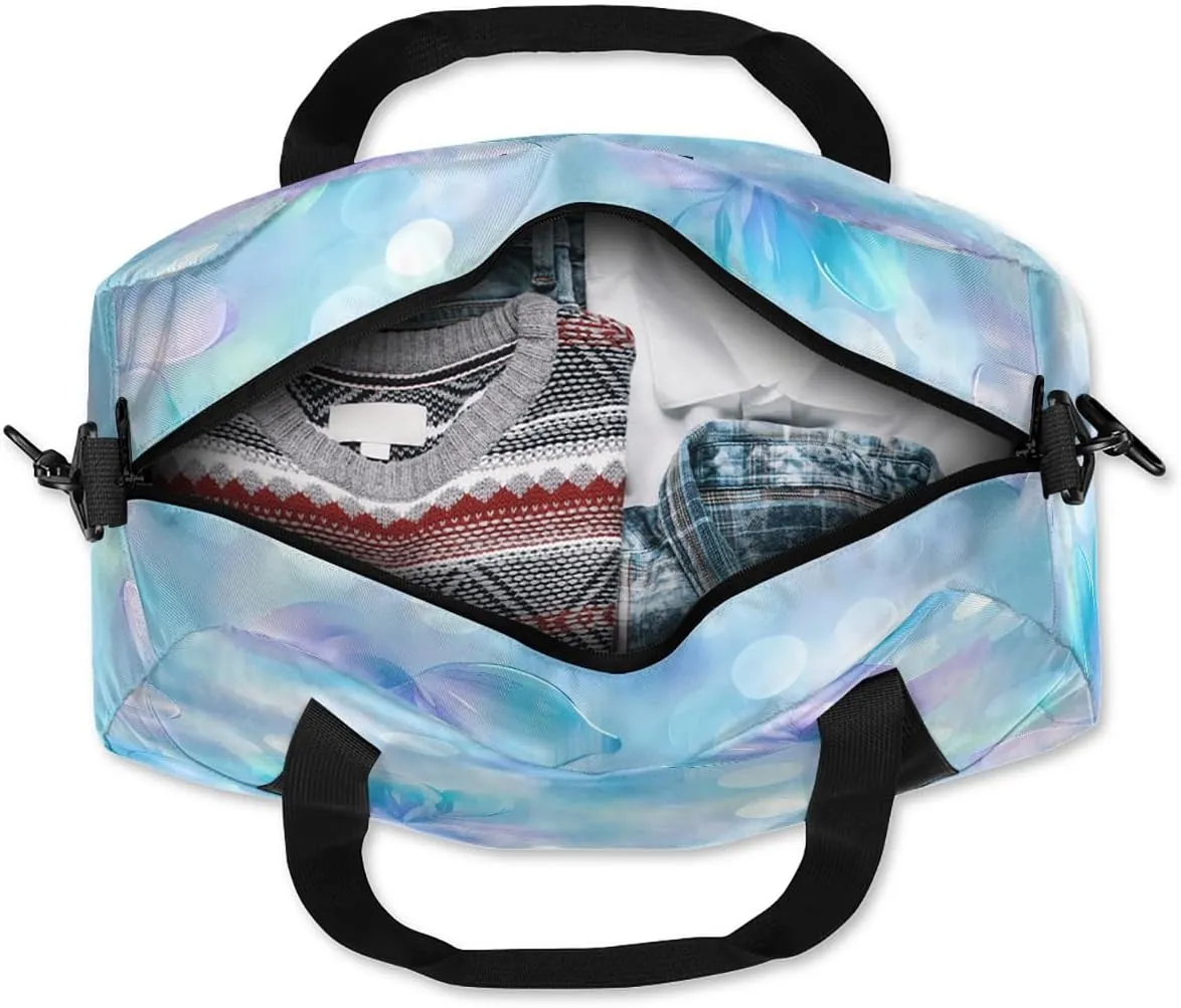 Custom Kids Sports Duffel Bag Purple Blue Bokeh Sparkling Floral Cheers Personalized Dance Gym Bag for Boys Girls Lightweight Weekender Travel Duffle Cheer Bag