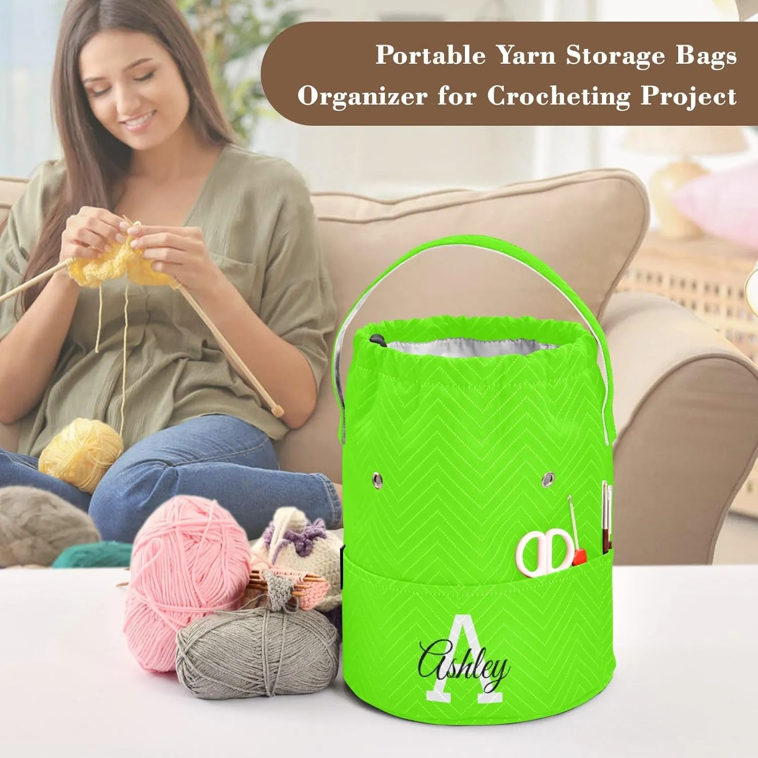 Custom Name Crochet Yarn Bag Personalized Bright Green Crochet Bag Organizer Knitting Bag Craft Bag Travel Yarn Storage Organizer for Crochet Accessories and Supplies