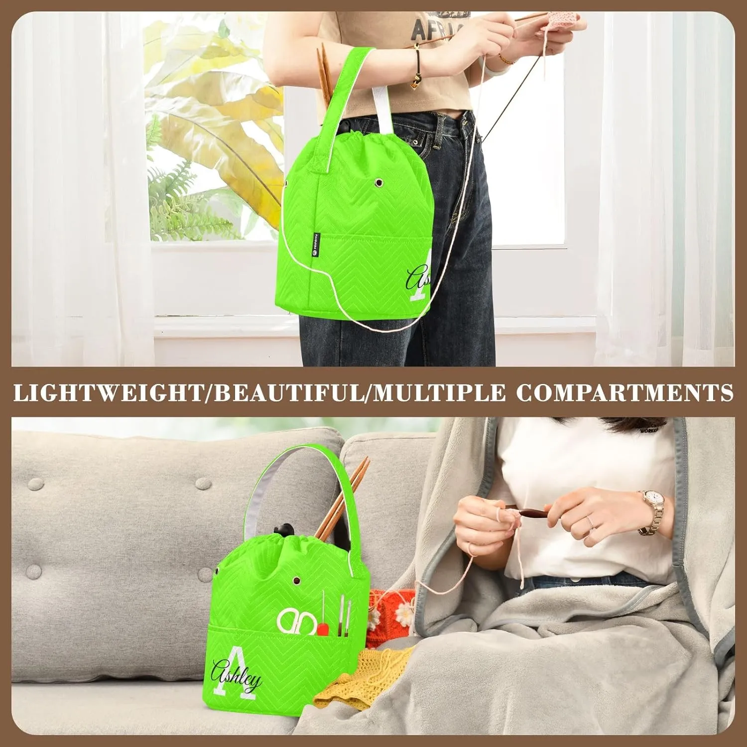 Custom Name Crochet Yarn Bag Personalized Bright Green Crochet Bag Organizer Knitting Bag Craft Bag Travel Yarn Storage Organizer for Crochet Accessories and Supplies