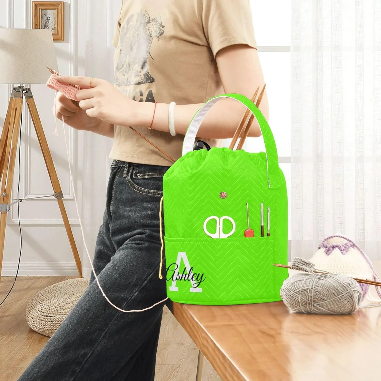 Custom Name Crochet Yarn Bag Personalized Bright Green Crochet Bag Organizer Knitting Bag Craft Bag Travel Yarn Storage Organizer for Crochet Accessories and Supplies