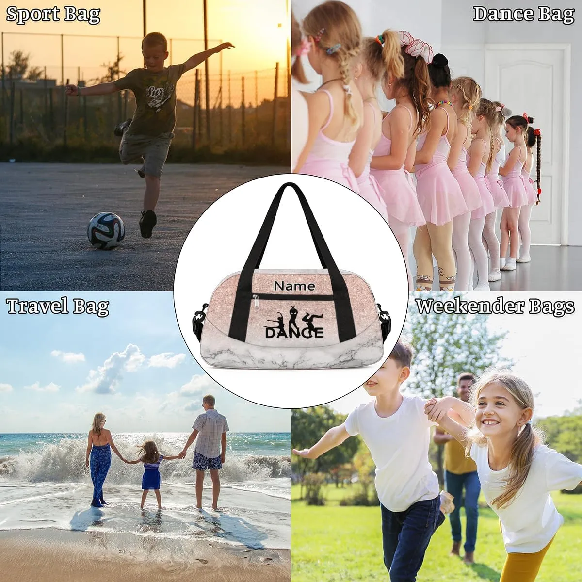 Custom Name Kids Duffle Bag Personalized Text Ballet Crystal Marble Dance Gym Sports Bag Waterproof Overnight Weekender Travel Workout Duffel Bag Carry On Bag for Little Boys Girls Teen Gifts