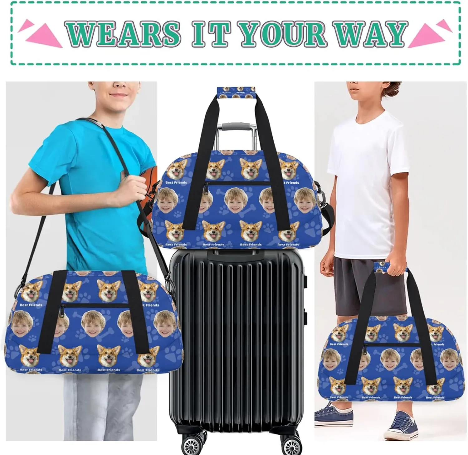 Custom Pet Face Gym Bag, Personalized Sports Duffel Bag, Waterproof Lightweight Shoulder Weekender Bag, Travel Bag, Carry on Training Bag for Women Men