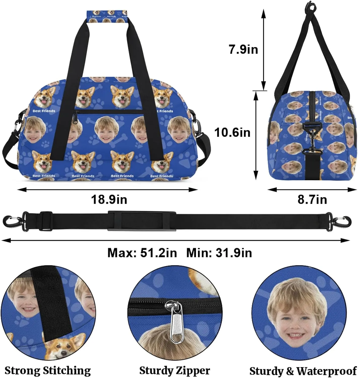 Custom Pet Face Gym Bag, Personalized Sports Duffel Bag, Waterproof Lightweight Shoulder Weekender Bag, Travel Bag, Carry on Training Bag for Women Men