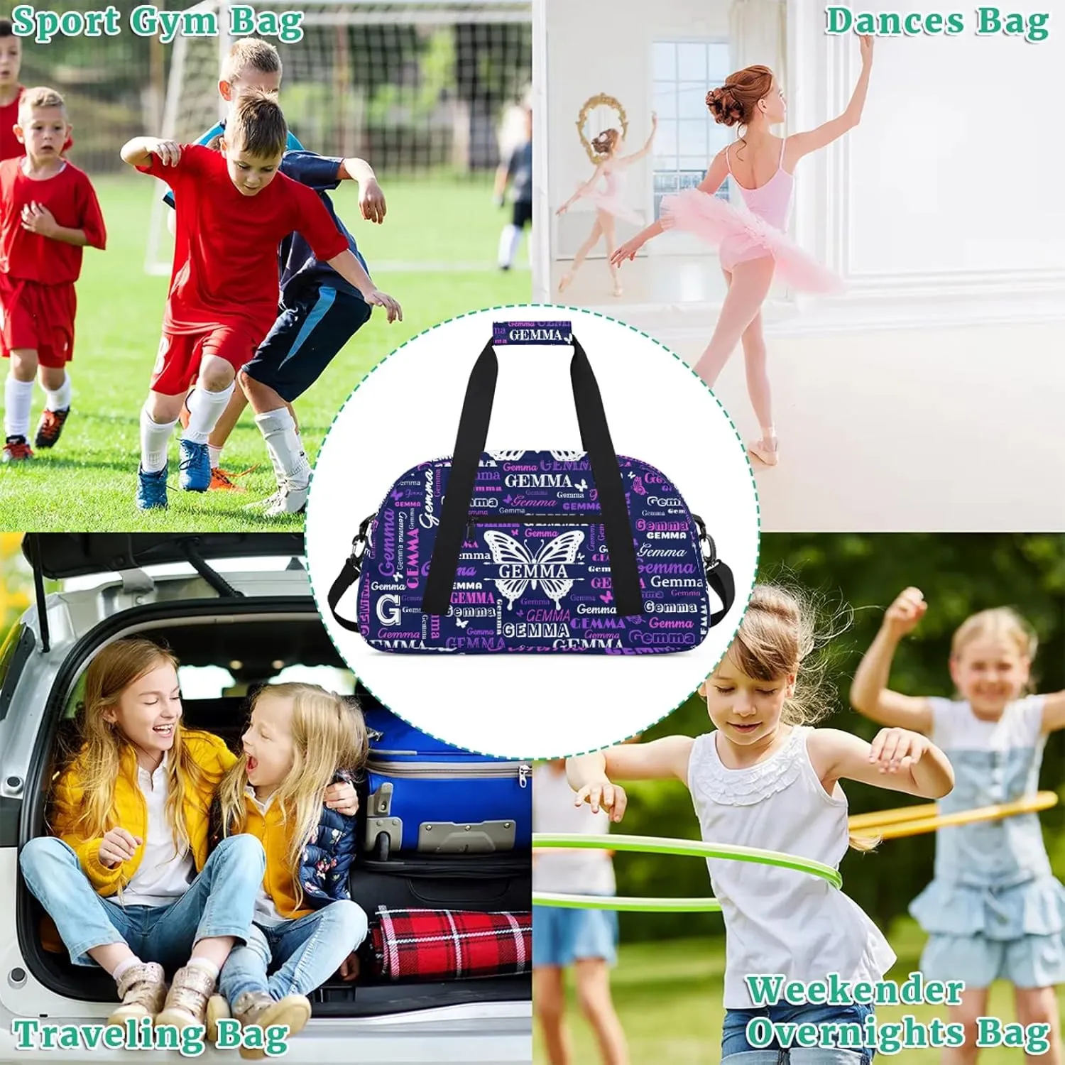 Custom Sport Duffel Bag with Name Butterfly Travel Overnight Bag for Women Men Waterproof Dance Ballet Bag Lightweight 18.9in, Dark Blue