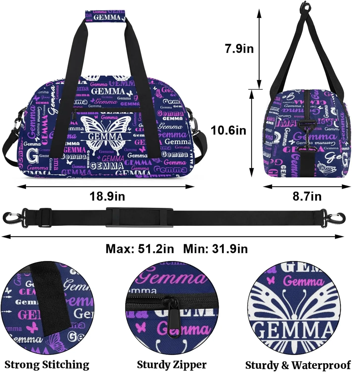 Custom Sport Duffel Bag with Name Butterfly Travel Overnight Bag for Women Men Waterproof Dance Ballet Bag Lightweight 18.9in, Dark Blue