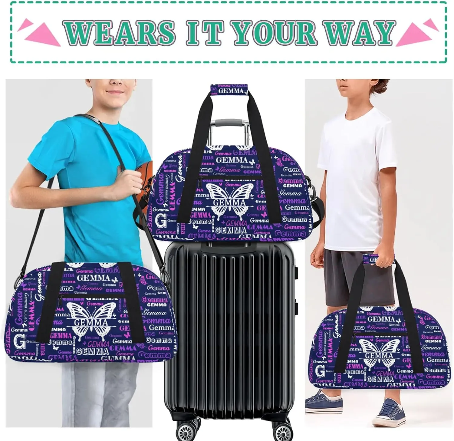 Custom Sport Duffel Bag with Name Butterfly Travel Overnight Bag for Women Men Waterproof Dance Ballet Bag Lightweight 18.9in, Dark Blue