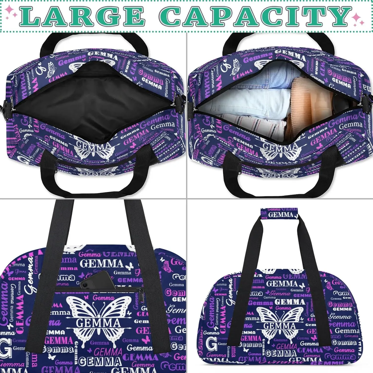 Custom Sport Duffel Bag with Name Butterfly Travel Overnight Bag for Women Men Waterproof Dance Ballet Bag Lightweight 18.9in, Dark Blue