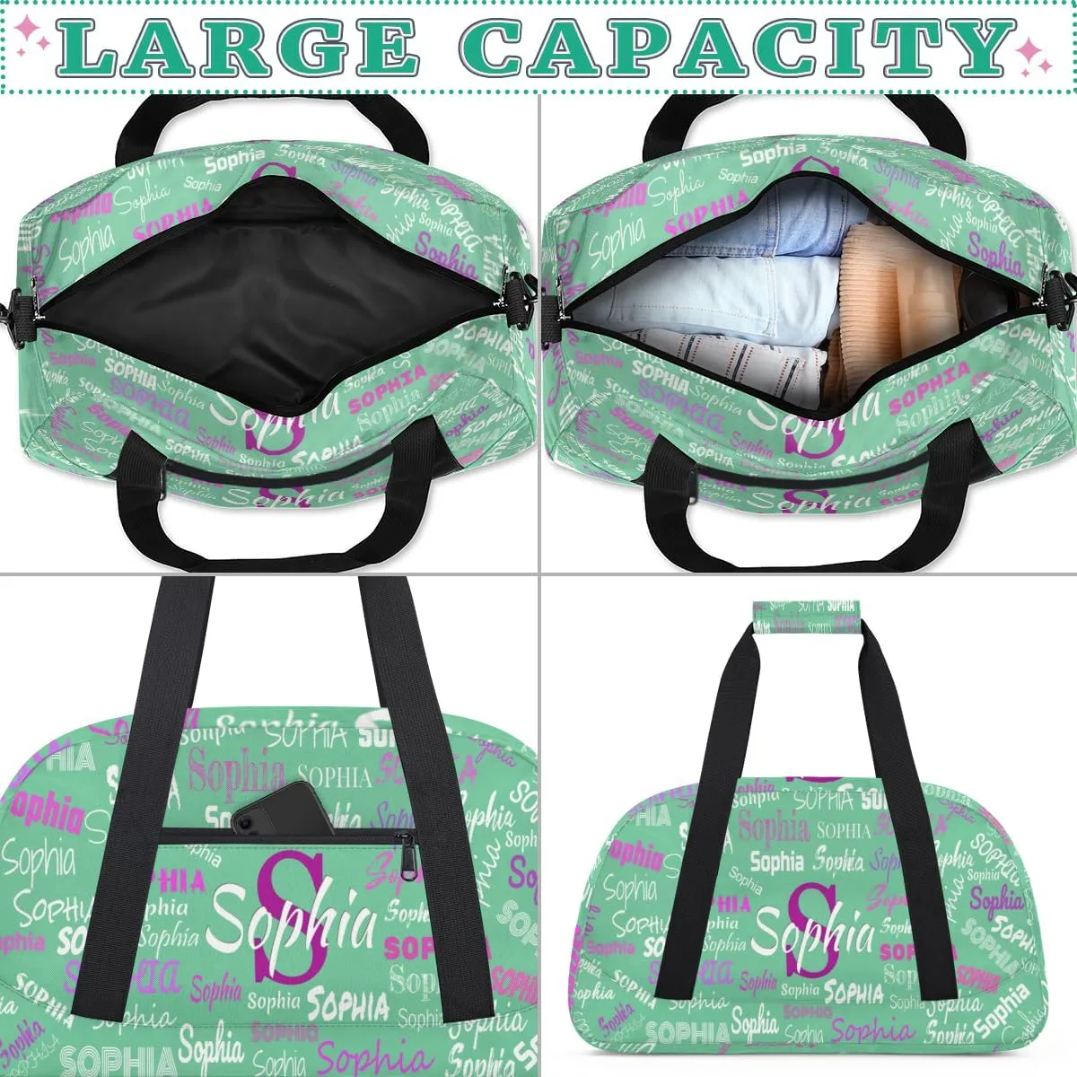 Custom Sports Dance Gym Duffel Bag Girls with Name, Personalized Kids Gymnastics Workout Training Tote Bag Named Travel Sleepover Overnight Bag, Light Green Color Background