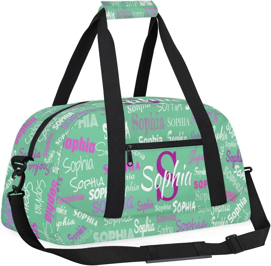 Custom Sports Dance Gym Duffel Bag Girls with Name, Personalized Kids Gymnastics Workout Training Tote Bag Named Travel Sleepover Overnight Bag, Light Green Color Background
