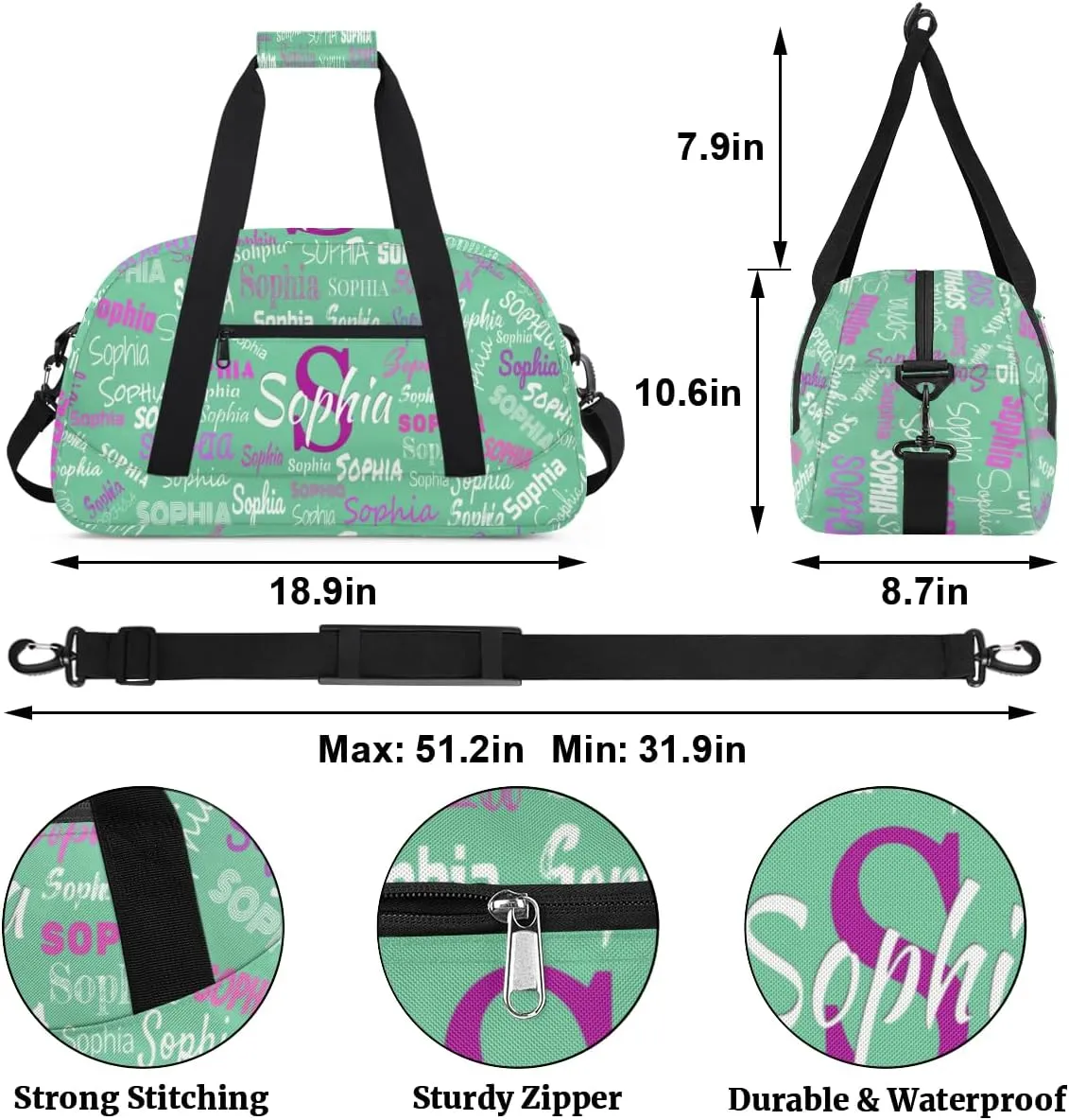 Custom Sports Dance Gym Duffel Bag Girls with Name, Personalized Kids Gymnastics Workout Training Tote Bag Named Travel Sleepover Overnight Bag, Light Green Color Background