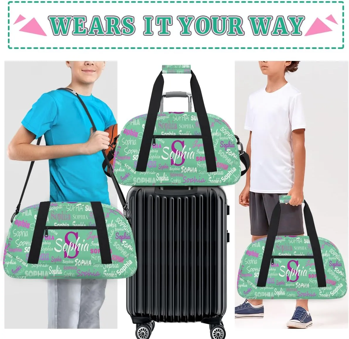 Custom Sports Dance Gym Duffel Bag Girls with Name, Personalized Kids Gymnastics Workout Training Tote Bag Named Travel Sleepover Overnight Bag, Light Green Color Background