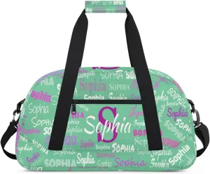 Custom Sports Dance Gym Duffel Bag Girls with Name, Personalized Kids Gymnastics Workout Training Tote Bag Named Travel Sleepover Overnight Bag, Light Green Color Background