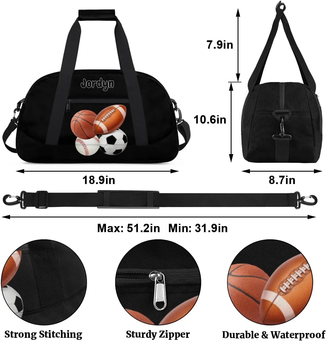 Custom Sports Football Basketball Baseball Duffel Bag Boys, Personalized Name Gymnastics Sport Gym Training Duffel Sportsman Bag Men, Solid Black Background
