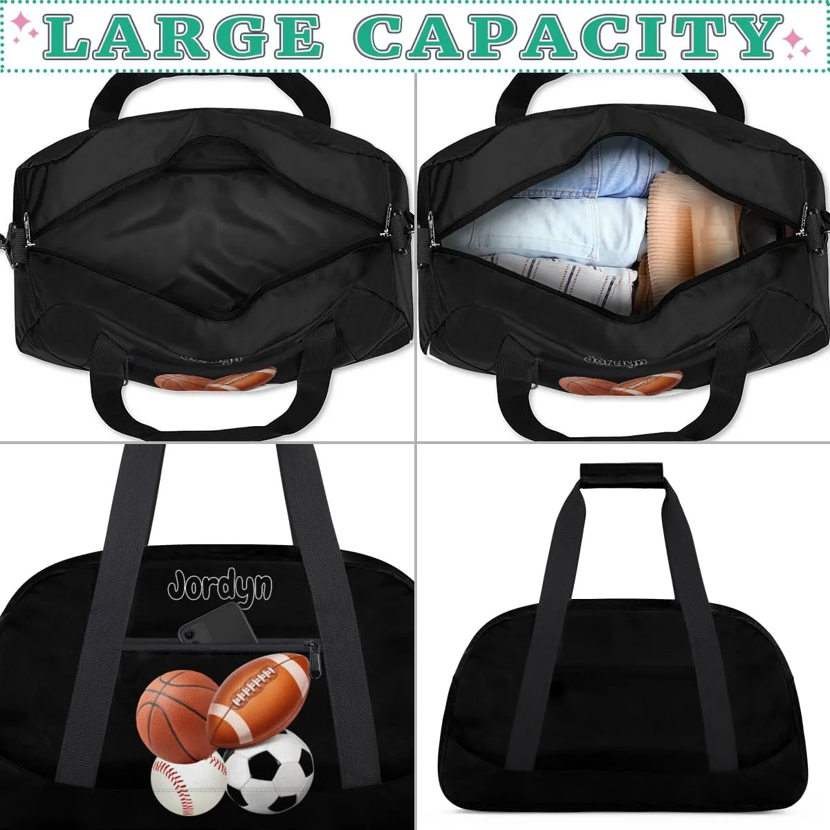 Custom Sports Football Basketball Baseball Duffel Bag Boys, Personalized Name Gymnastics Sport Gym Training Duffel Sportsman Bag Men, Solid Black Background