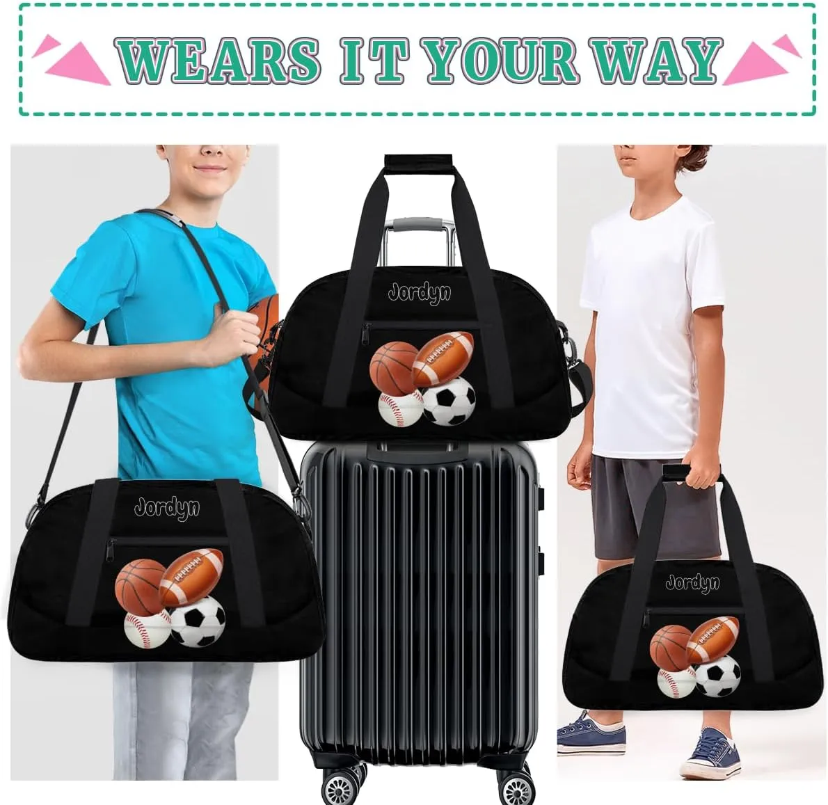 Custom Sports Football Basketball Baseball Duffel Bag Boys, Personalized Name Gymnastics Sport Gym Training Duffel Sportsman Bag Men, Solid Black Background