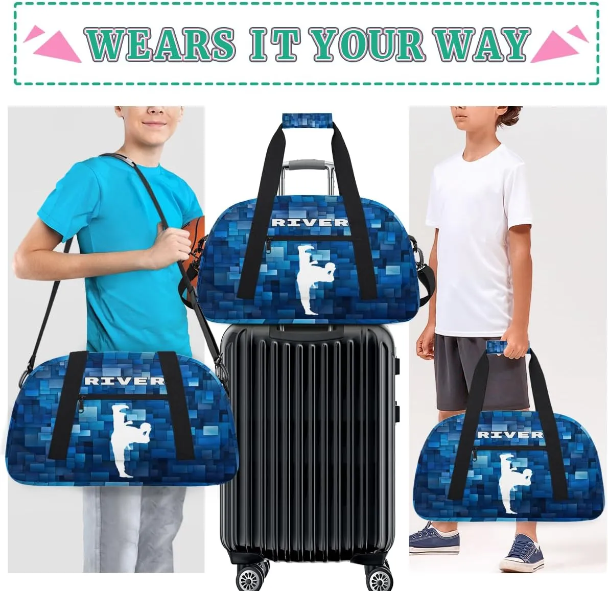 Custom Sports Gym Bag for Boys, Personalized Kids Training Bag Customized Travel Duffle Bag with Name Ranked, White Taekwondo Blue