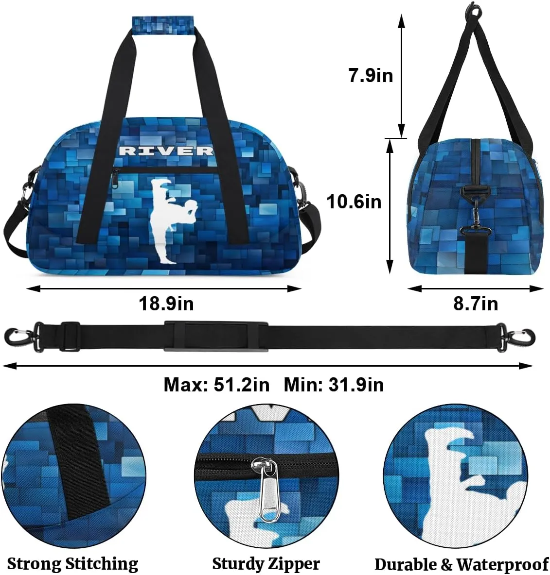 Custom Sports Gym Bag for Boys, Personalized Kids Training Bag Customized Travel Duffle Bag with Name Ranked, White Taekwondo Blue