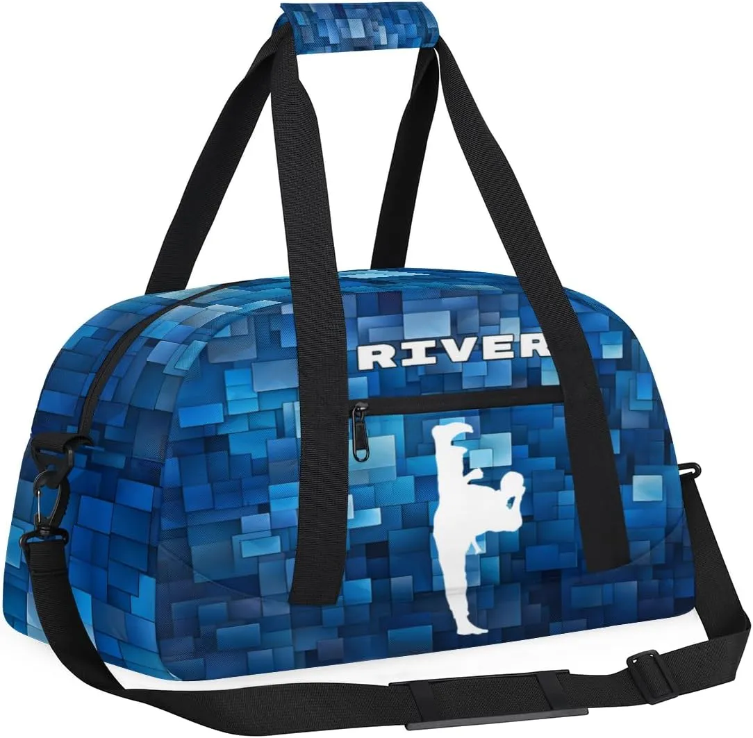 Custom Sports Gym Bag for Boys, Personalized Kids Training Bag Customized Travel Duffle Bag with Name Ranked, White Taekwondo Blue