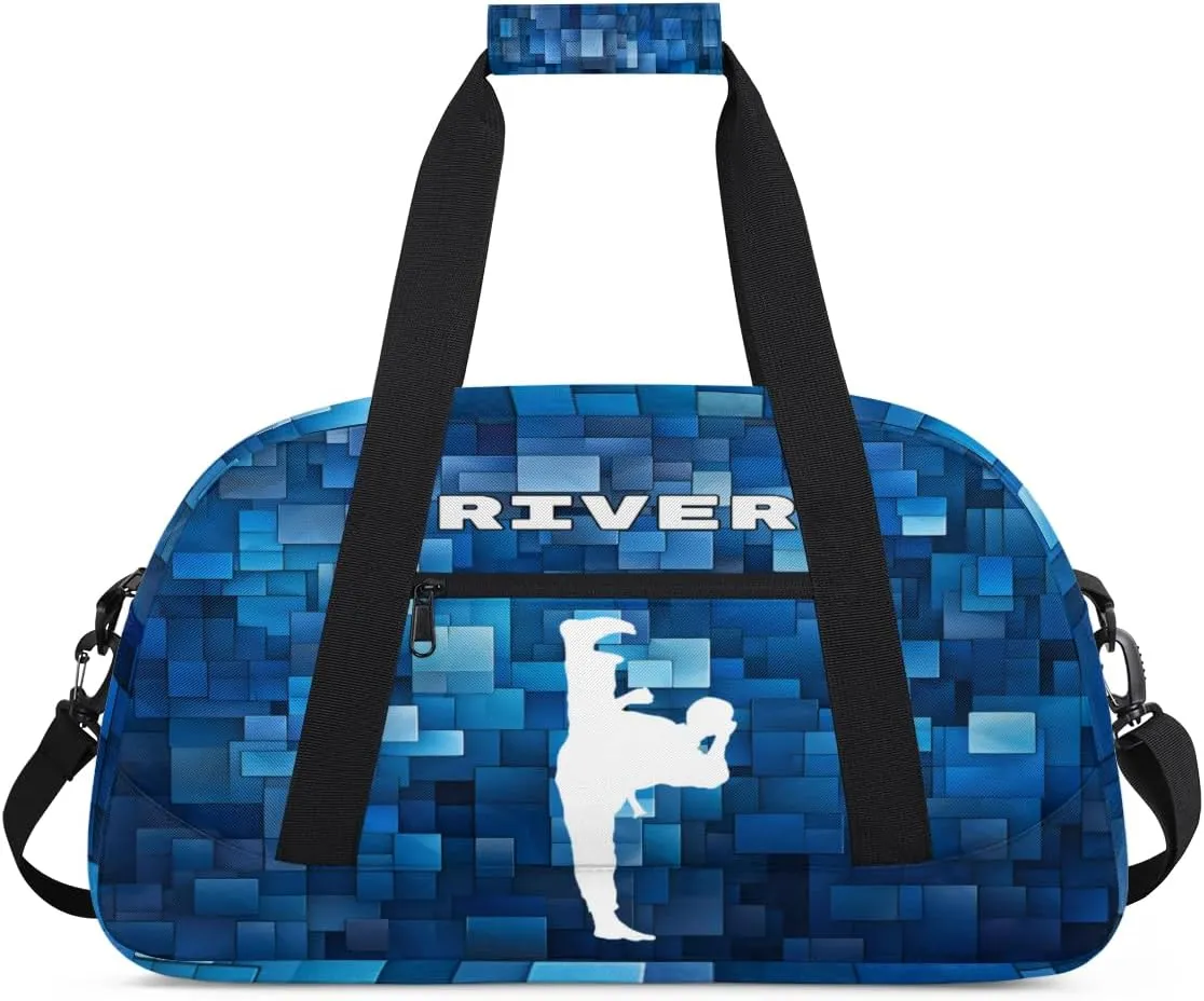 Custom Sports Gym Bag for Boys, Personalized Kids Training Bag Customized Travel Duffle Bag with Name Ranked, White Taekwondo Blue