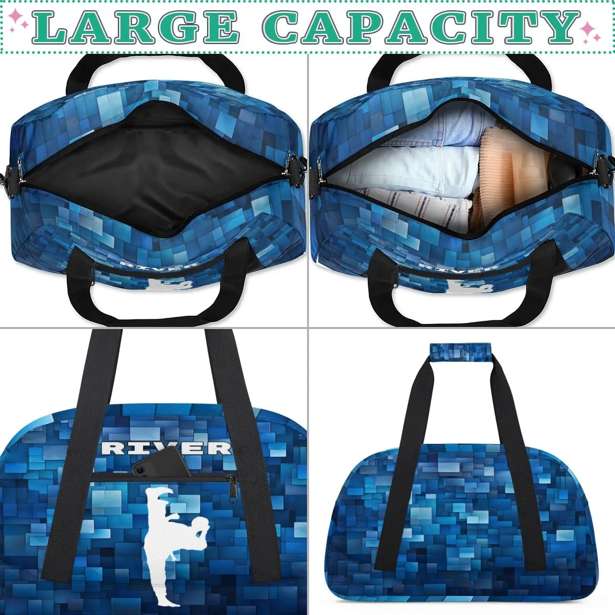 Custom Sports Gym Bag for Boys, Personalized Kids Training Bag Customized Travel Duffle Bag with Name Ranked, White Taekwondo Blue