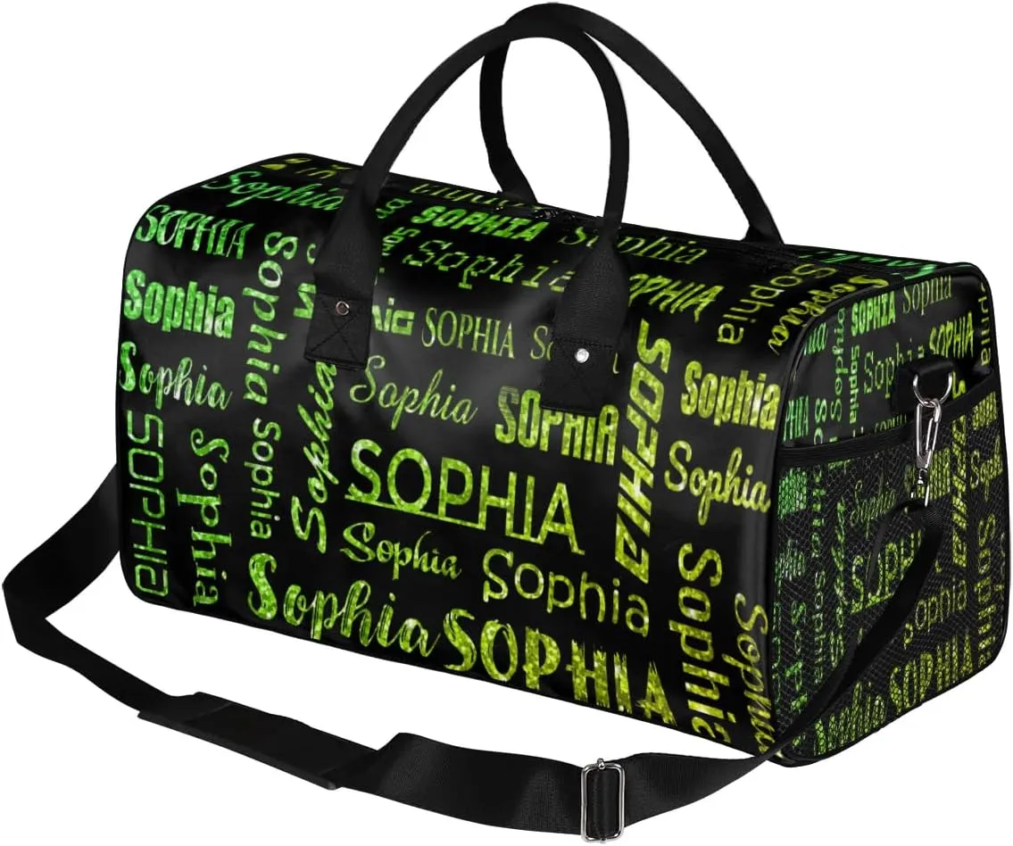 Custom Travel Duffel Bag with Light Green Glitter Name, Personalized Gym Bag for Women Men Sports Tote Bags for Swimming Running Playing Ball, Weekender Overnight Bags