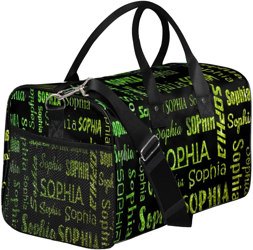 Custom Travel Duffel Bag with Light Green Glitter Name, Personalized Gym Bag for Women Men Sports Tote Bags for Swimming Running Playing Ball, Weekender Overnight Bags