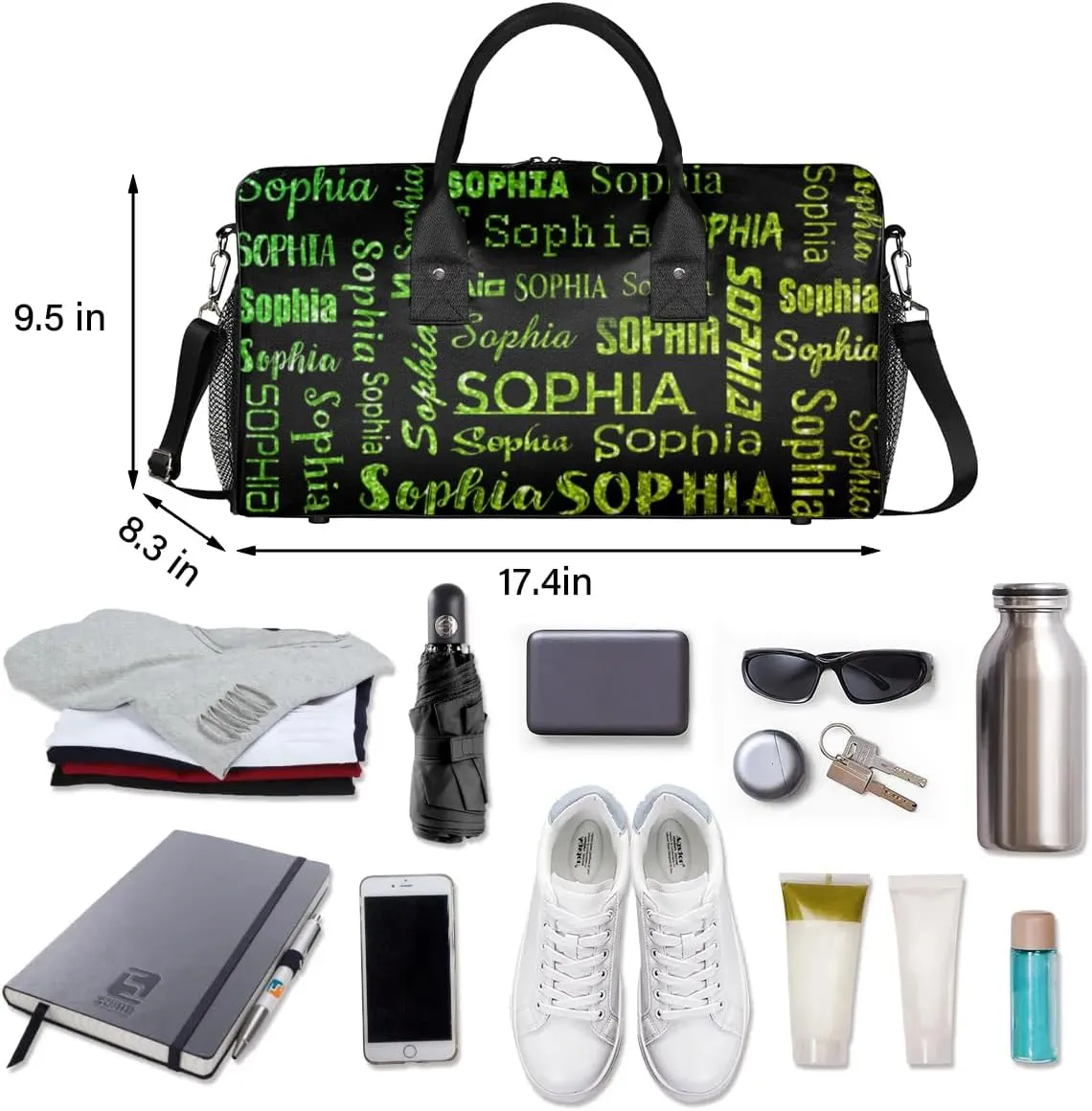 Custom Travel Duffel Bag with Light Green Glitter Name, Personalized Gym Bag for Women Men Sports Tote Bags for Swimming Running Playing Ball, Weekender Overnight Bags