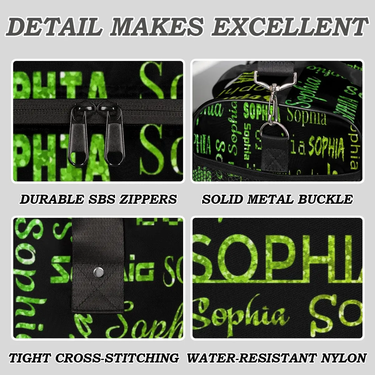 Custom Travel Duffel Bag with Light Green Glitter Name, Personalized Gym Bag for Women Men Sports Tote Bags for Swimming Running Playing Ball, Weekender Overnight Bags