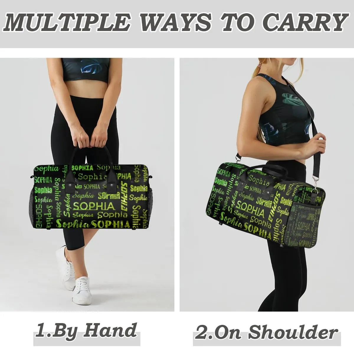 Custom Travel Duffel Bag with Light Green Glitter Name, Personalized Gym Bag for Women Men Sports Tote Bags for Swimming Running Playing Ball, Weekender Overnight Bags