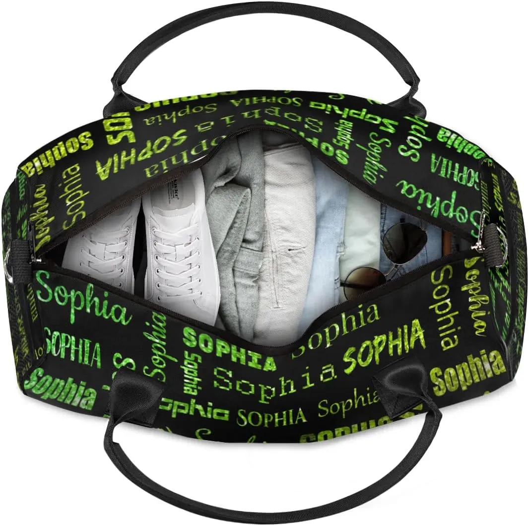 Custom Travel Duffel Bag with Light Green Glitter Name, Personalized Gym Bag for Women Men Sports Tote Bags for Swimming Running Playing Ball, Weekender Overnight Bags