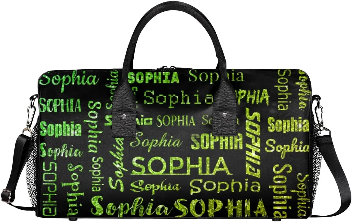 Custom Travel Duffel Bag with Light Green Glitter Name, Personalized Gym Bag for Women Men Sports Tote Bags for Swimming Running Playing Ball, Weekender Overnight Bags