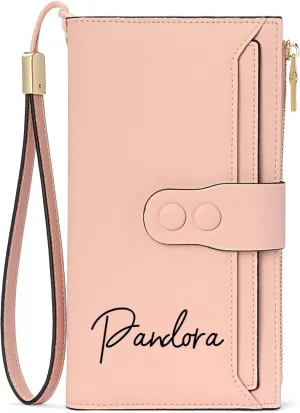 Custom Wristlet Wallet,Personalized Engraved Name Wallets with RFID Blocking Large Capacity Clutch Purse Credit Card Holder with Zipper Pocket for Women (Style 2-Pink)