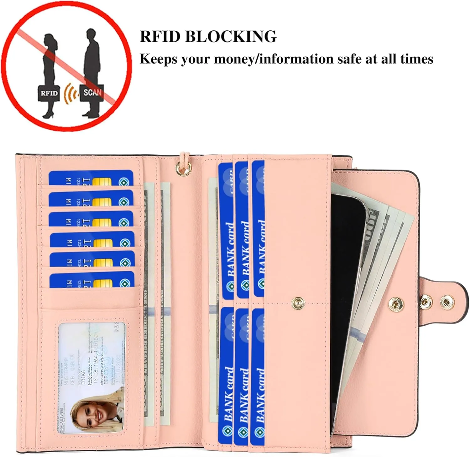 Custom Wristlet Wallet,Personalized Engraved Name Wallets with RFID Blocking Large Capacity Clutch Purse Credit Card Holder with Zipper Pocket for Women (Style 2-Pink)