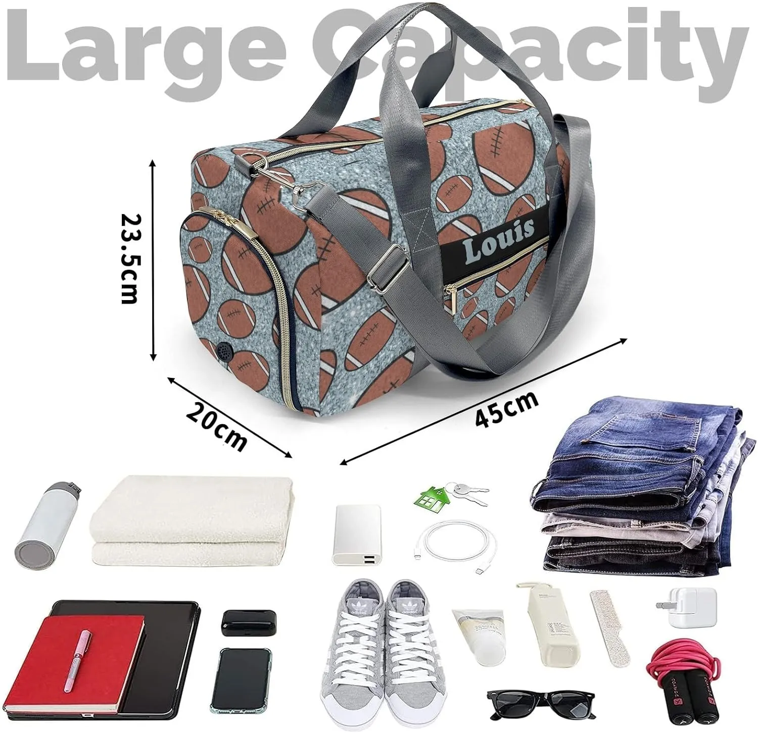 Custon Football Gliiter Print Silver Gym Sport Yoga Duffel Bag Sport Player Travel Bag,Personalized Gift for Travel Hand Bag Carry on Bag