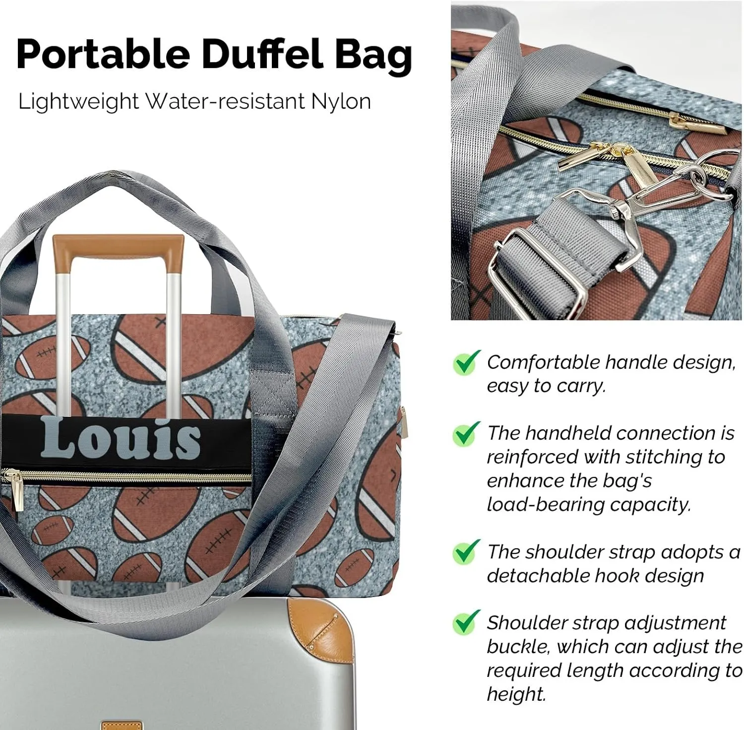 Custon Football Gliiter Print Silver Gym Sport Yoga Duffel Bag Sport Player Travel Bag,Personalized Gift for Travel Hand Bag Carry on Bag