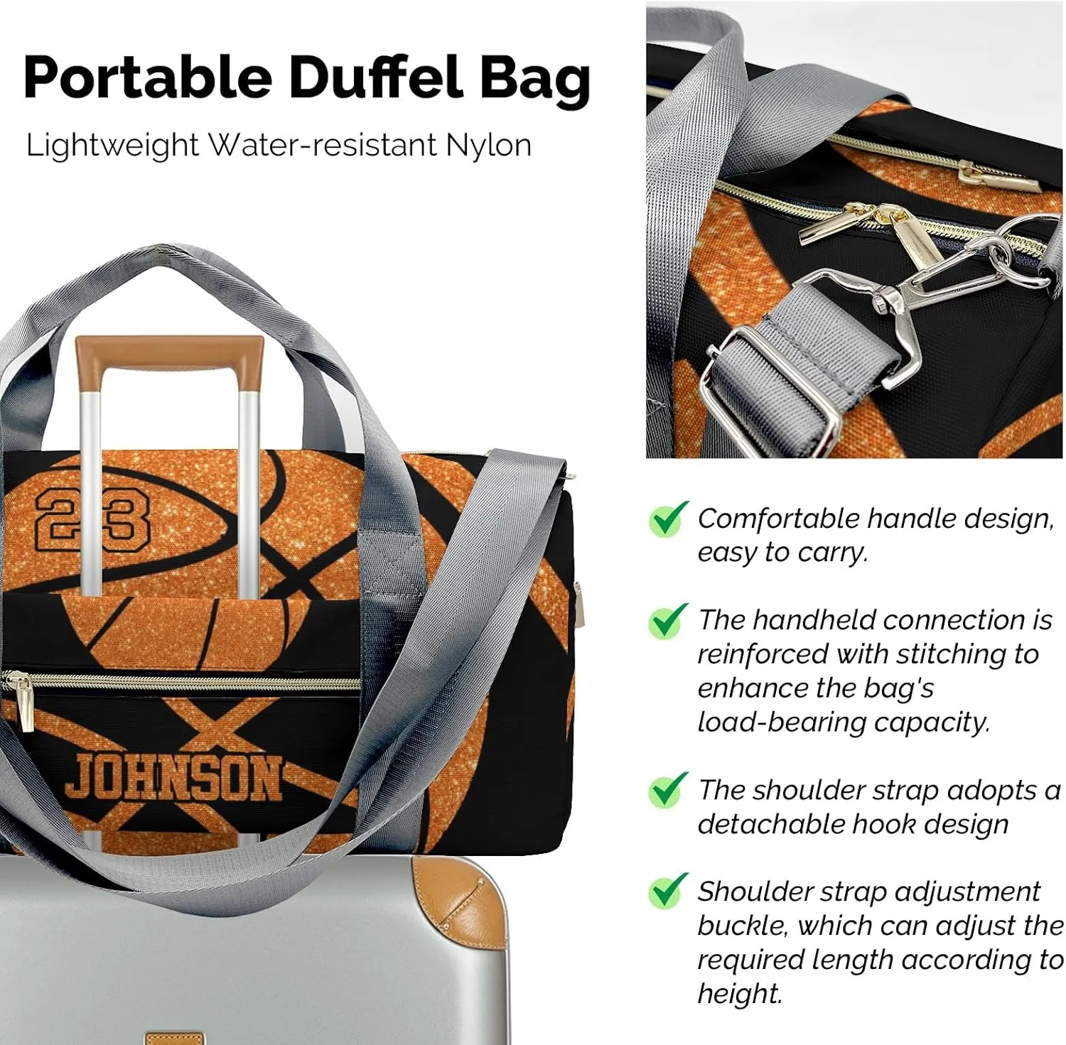 Custon Name Basketball Orange Gym Sport Duffel Bag Sport Player Travel Bag,Sport Gym Bag Personalized Gift for Travel Hand Bag Carry on Bag