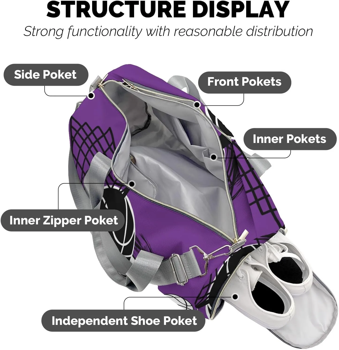 Custon Name Basketball Purple Gym Sport Yoga Duffel Bag Sport Player Travel Bag,Sport Gym Bag Personalized Gift for Travel Hand Bag Carry on Bag