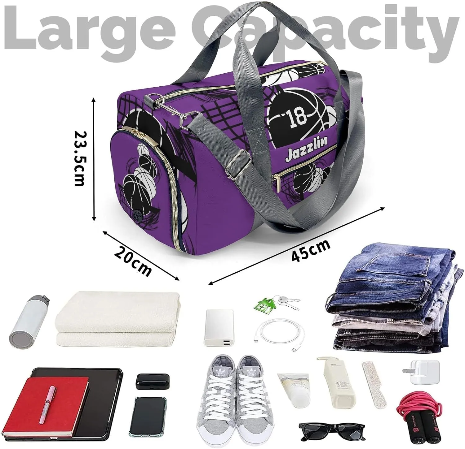 Custon Name Basketball Purple Gym Sport Yoga Duffel Bag Sport Player Travel Bag,Sport Gym Bag Personalized Gift for Travel Hand Bag Carry on Bag