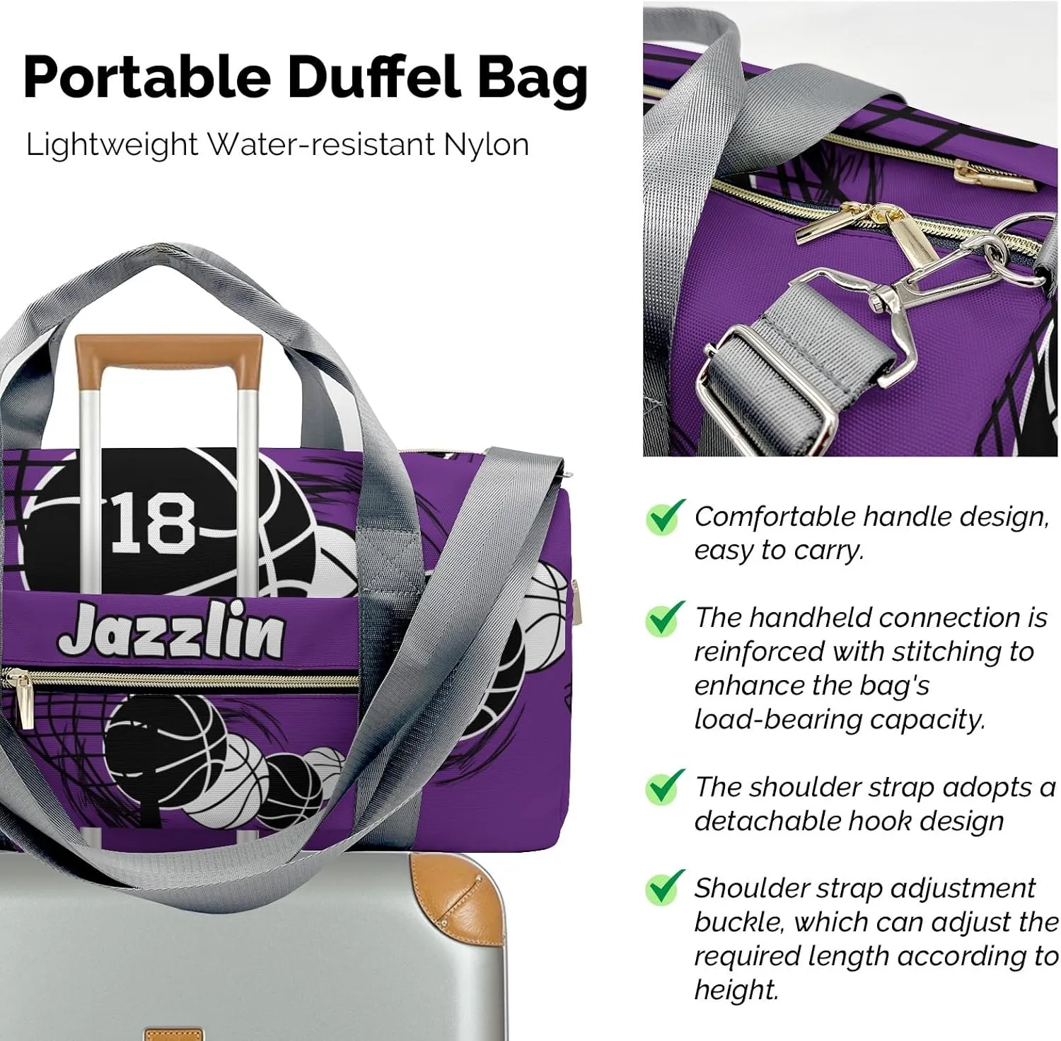 Custon Name Basketball Purple Gym Sport Yoga Duffel Bag Sport Player Travel Bag,Sport Gym Bag Personalized Gift for Travel Hand Bag Carry on Bag