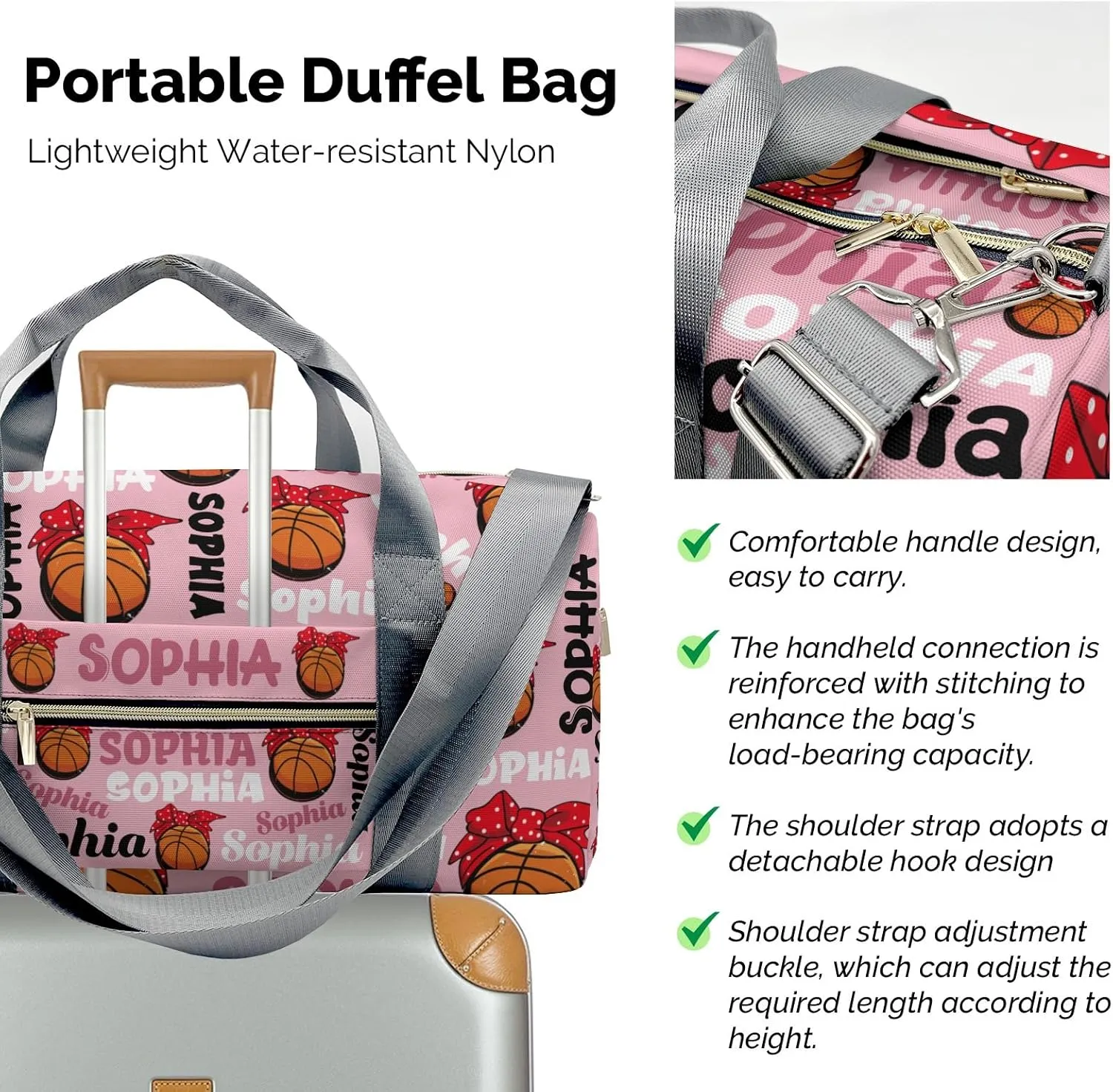 Custon Name Basketball Text Pink Gym Sport Yoga Duffel Bag Sport Player Travel Bag,Sport Gym Bag Personalized Gift for Travel Hand Bag Carry on Bag