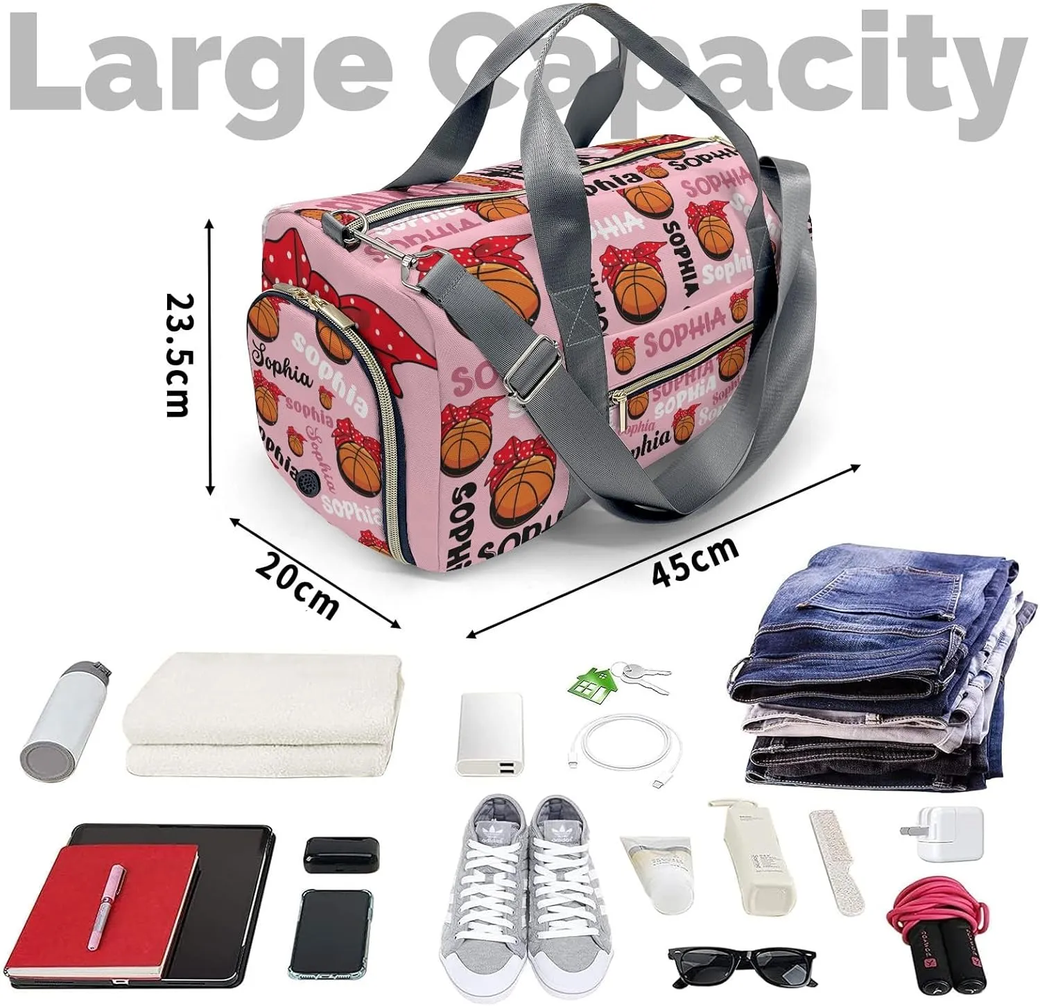 Custon Name Basketball Text Pink Gym Sport Yoga Duffel Bag Sport Player Travel Bag,Sport Gym Bag Personalized Gift for Travel Hand Bag Carry on Bag