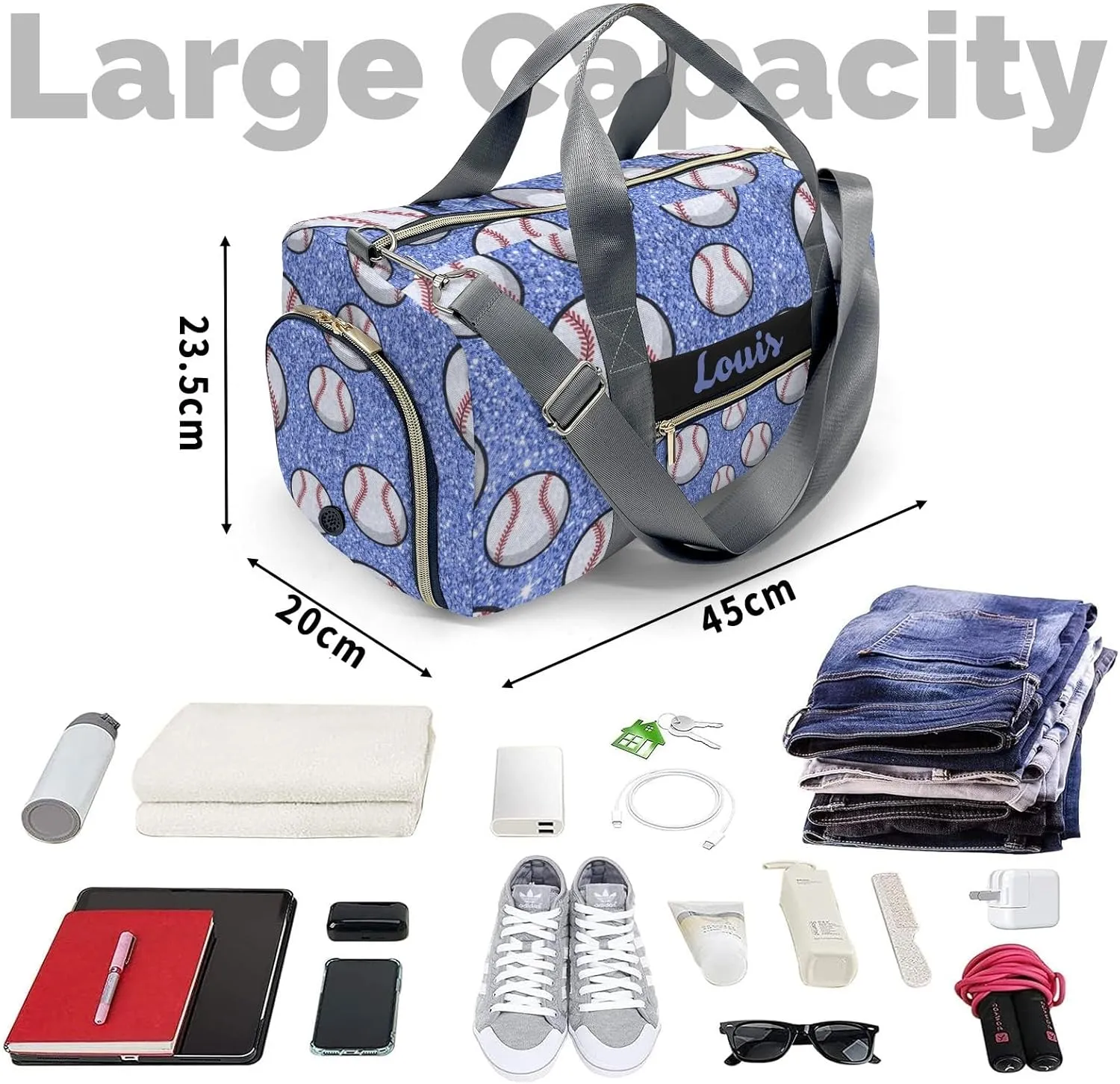 Custon Name Sport Baseball Blue Gym Sport Yoga Duffel Bag Sport Player Travel Bag,Sport Gym Bag Gift