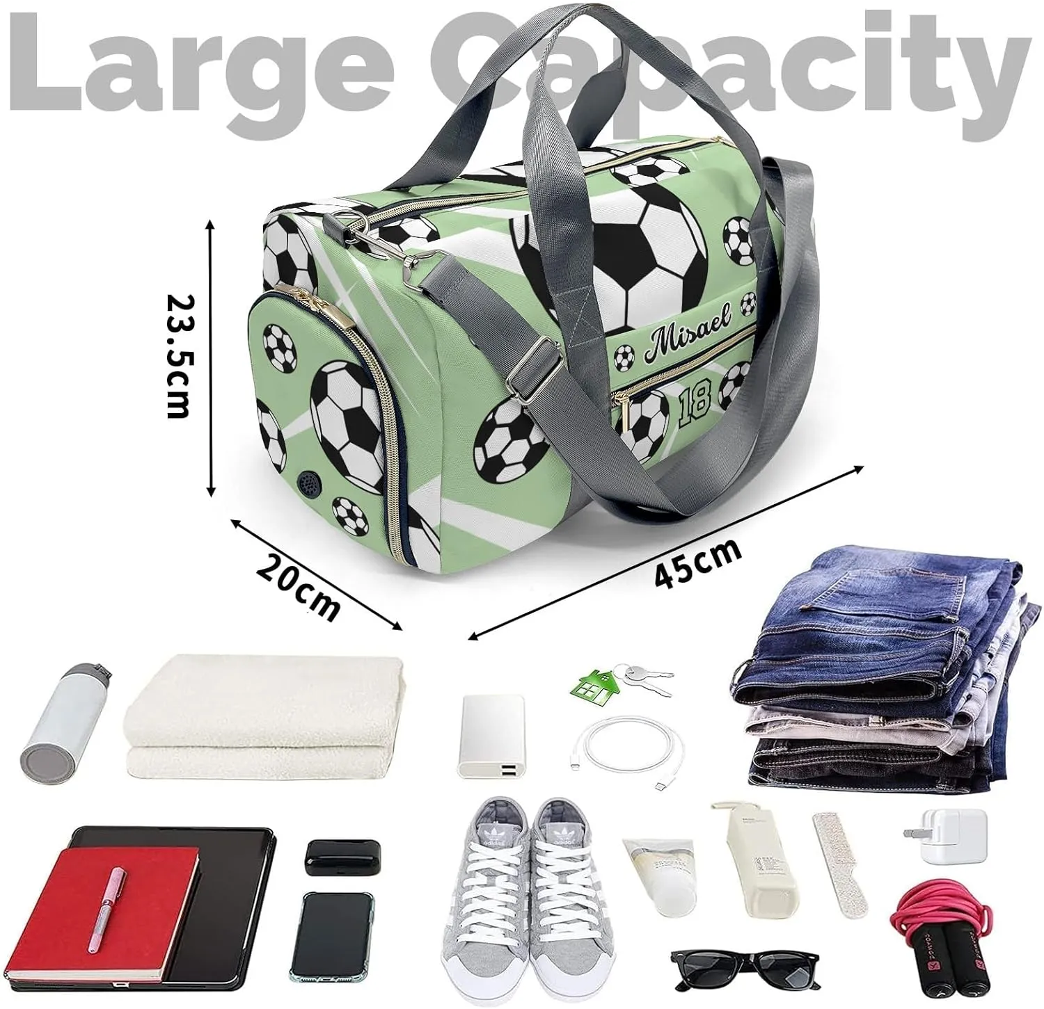 Custon Name Sport Soccer Team Player Number Mint Gym Sport Yoga Duffel Bag Sport Player Travel Bag,Sport Gym Bag Personalized Gift for Travel Hand Bag Carry on Bag
