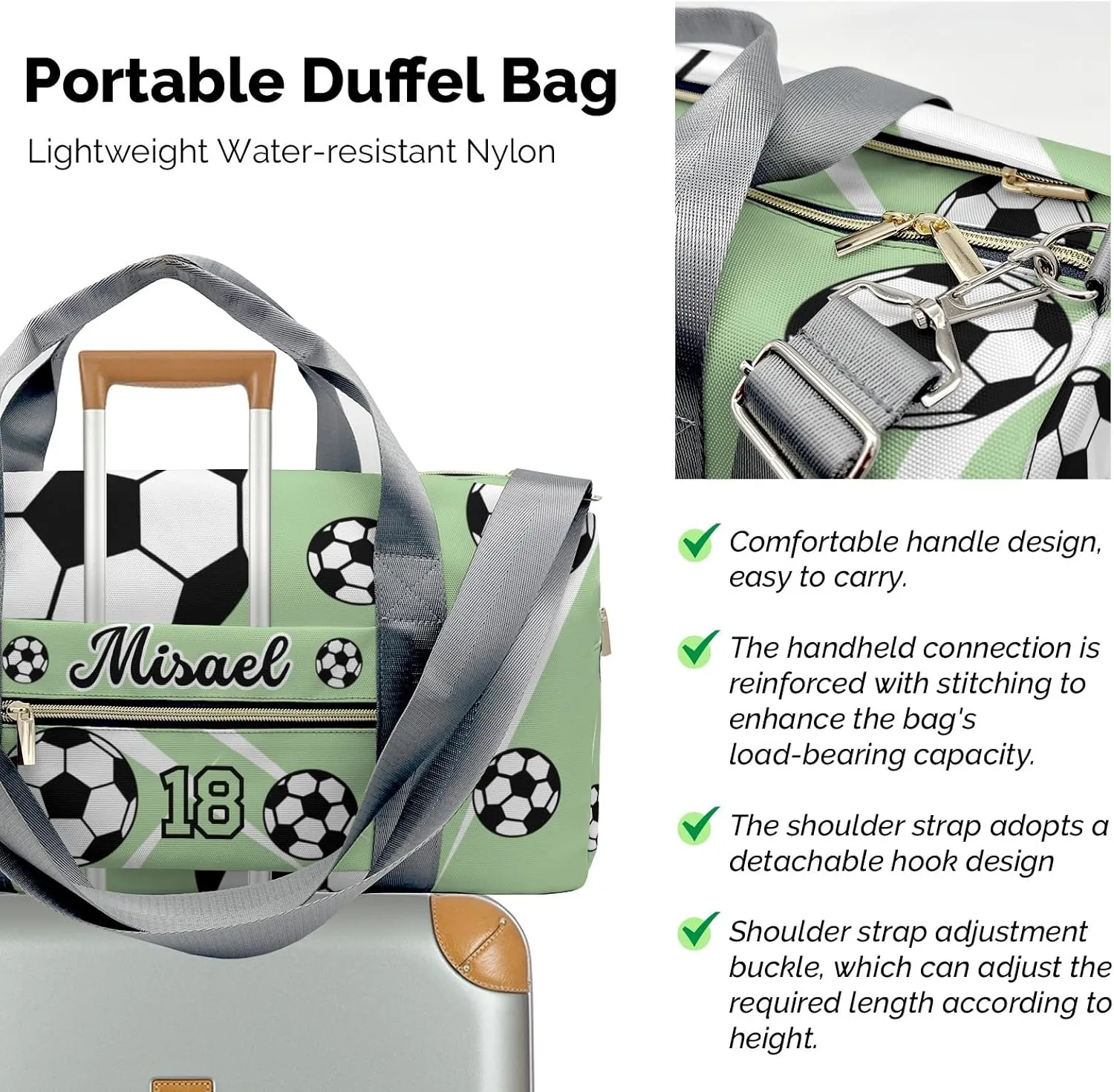 Custon Name Sport Soccer Team Player Number Mint Gym Sport Yoga Duffel Bag Sport Player Travel Bag,Sport Gym Bag Personalized Gift for Travel Hand Bag Carry on Bag