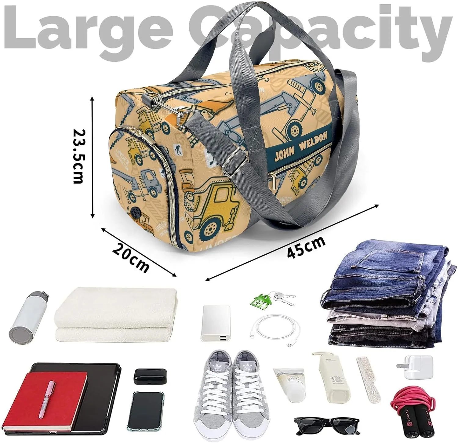 Custon Name Trucks Crane Jump Gym Sport Yoga Duffel Bag Sport Player Travel Bag,Sport Gym Bag Personalized Gift for Travel Hand Bag Carry on Bag