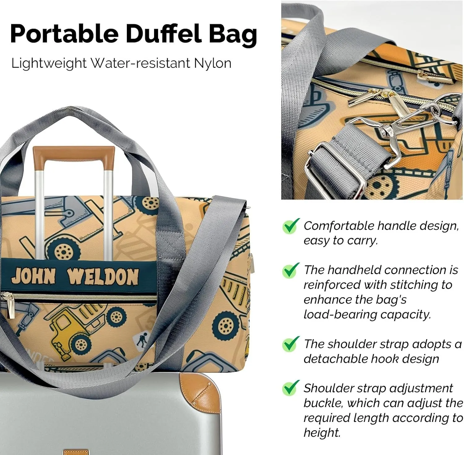 Custon Name Trucks Crane Jump Gym Sport Yoga Duffel Bag Sport Player Travel Bag,Sport Gym Bag Personalized Gift for Travel Hand Bag Carry on Bag