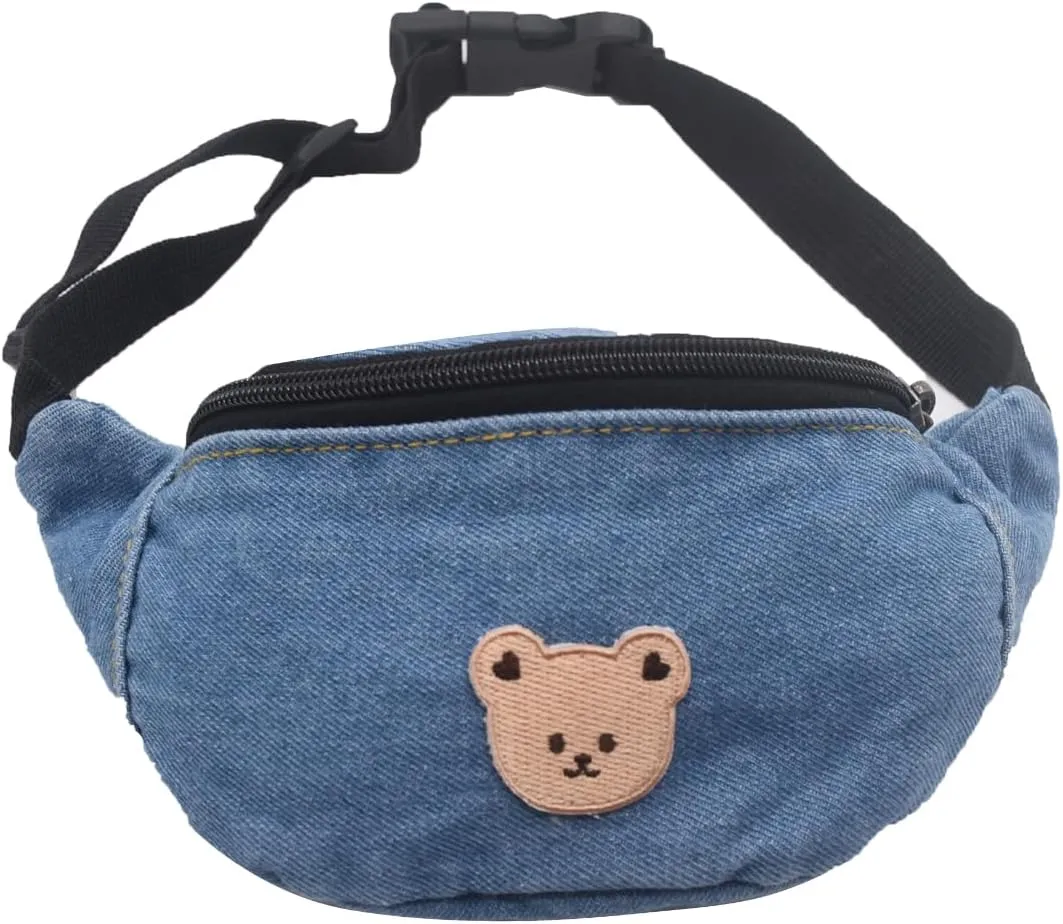 Cute Bear Kids Fanny Pack Waist Bag Small Denim Belt Bag Crossbody Purse for Toddler Girls Boys