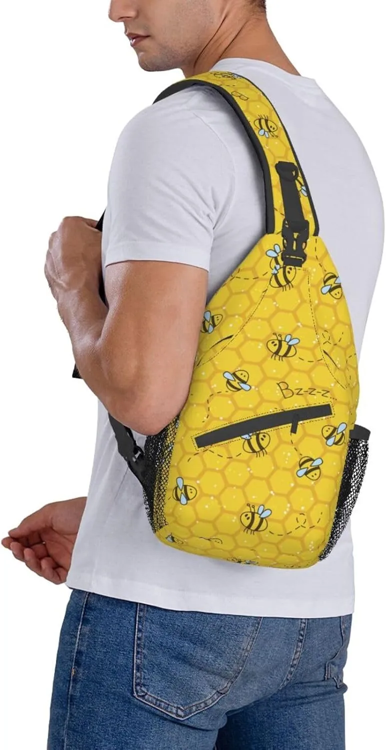 Cute Bees and Honeycombs Yellow Small Sling Bag for Women Men Crossbody Sling Backpack Casual Hiking Daypack Chest Shoulder Bag with Adjustable Strap