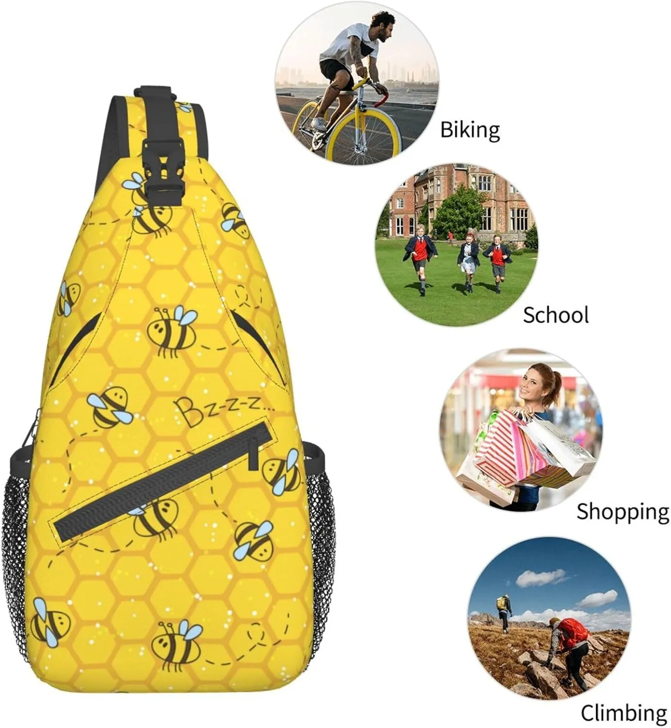 Cute Bees and Honeycombs Yellow Small Sling Bag for Women Men Crossbody Sling Backpack Casual Hiking Daypack Chest Shoulder Bag with Adjustable Strap