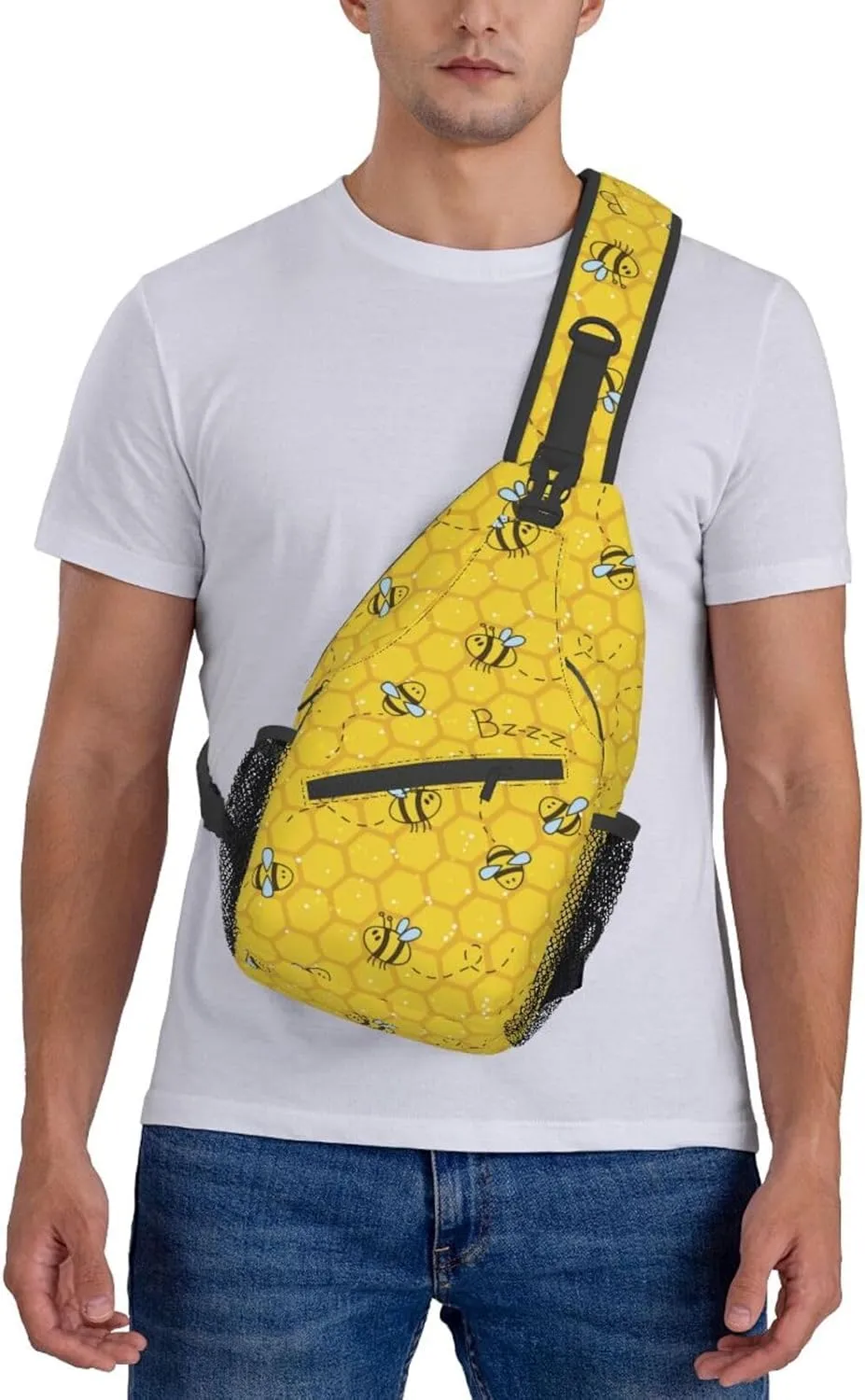 Cute Bees and Honeycombs Yellow Small Sling Bag for Women Men Crossbody Sling Backpack Casual Hiking Daypack Chest Shoulder Bag with Adjustable Strap